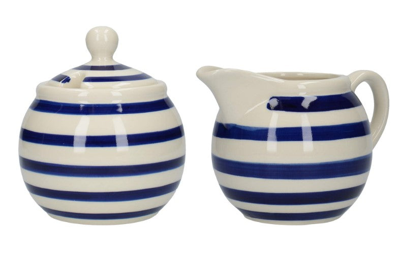 Tea Pot Set - Blue White Stripe teapot 1.35L with Sugar Bowl & Milk Churn