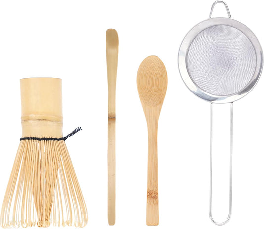 Matcha Bamboo Whisk Set - 4 piece Chasen, Shashaku and Spoon and Strainer