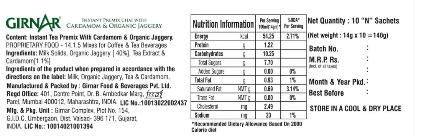 Girnar - Premixed - Cardamom Chai with Organic Jaggery Box of 10