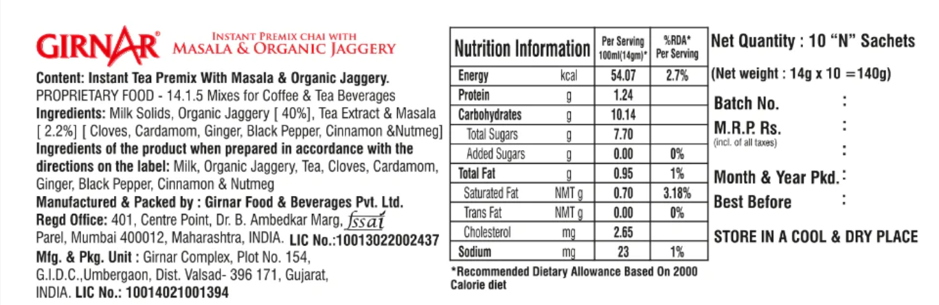Girnar - Premixed - Masala Chai with Organic Jaggery Box of 10