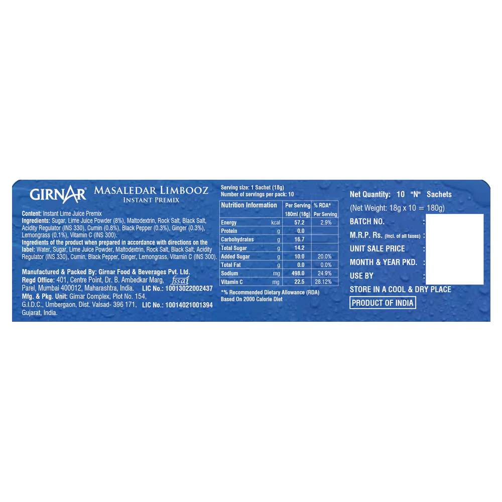 Girnar  - Premixed - Limbooz Masaledar - 180g - Box of 10 Buy 1 Get 1 Free