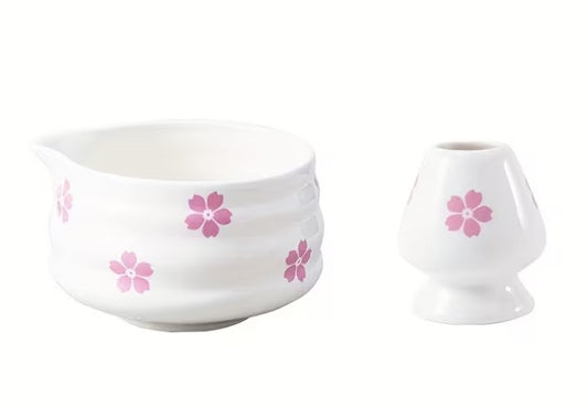 Glass - Fancy Ceramic Matcha Bowl and Whisk Holder Cherry Blossom