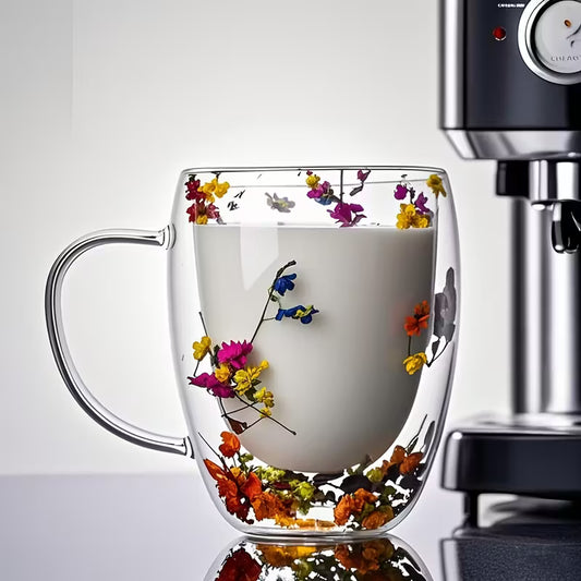 Glass - Fancy Chai Mug U Shape - 350ml Flowers Double wall