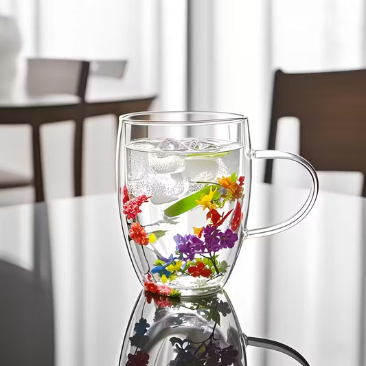 Glass - Fancy Chai Mug U Shape - 350ml Flowers Double wall