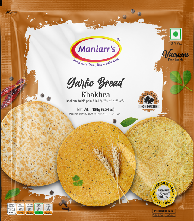 Maniarrs - Wheat Crisps - Khakhara - Garlic Bread  180gm