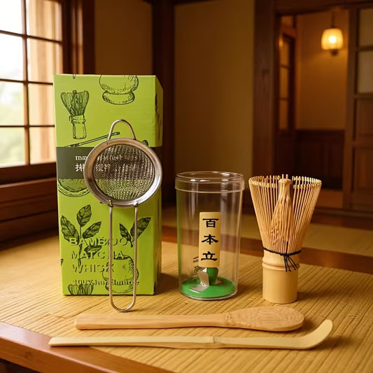 Matcha Bamboo Whisk Set - 4 piece Chasen, Shashaku and Spoon and Strainer