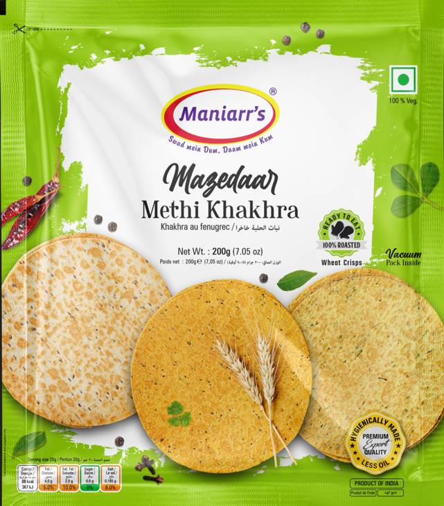 Maniarrs - Wheat Crisps - Khakhara - Methi (Fenugreek)  200gm